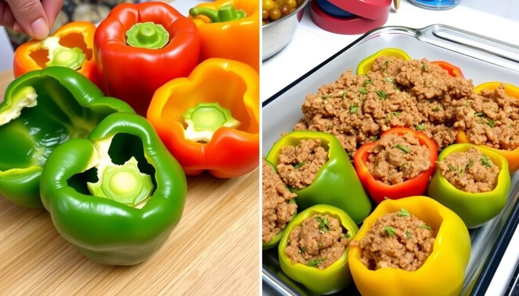 Rezept für gefüllte Paprika mit Hackfleisch im Backofen Rezept für gefüllte Paprika mit Hackfleisch im Backofen