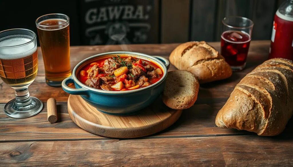 Gulasch mit Getränken und Brot Gulasch mit Getränken und Brot
