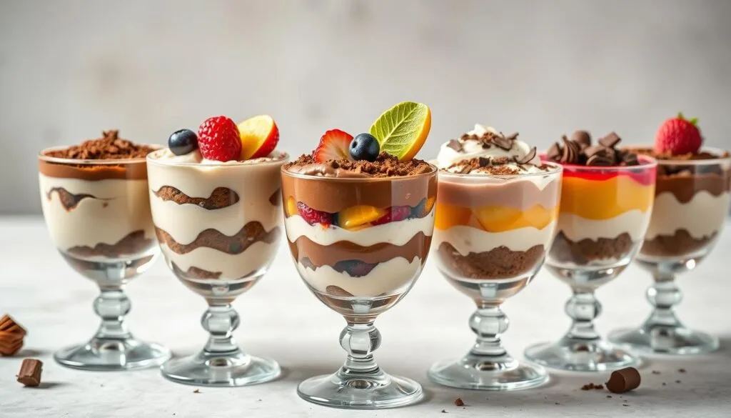 Verschiedene Tiramisu-Desserts im Glas Verschiedene Tiramisu-Desserts im Glas