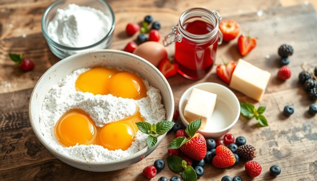 Zutaten für fruchtiger Kuchen mit roter Grütze Zutaten für fruchtiger Kuchen mit roter Grütze