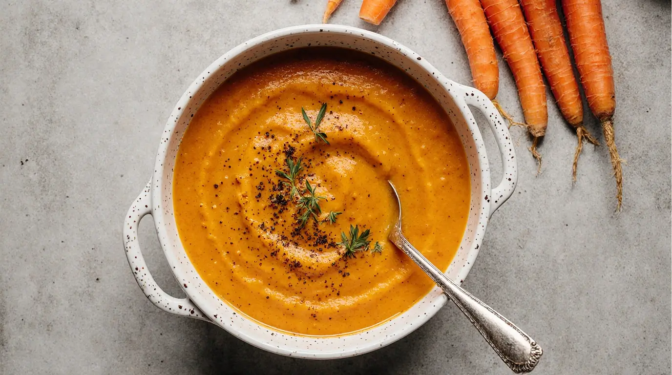Cremige Möhren suppe in einer weißen Schüssel, garniert mit frischem Thymian und schwarzem Pfeffer, daneben frische Karotten.